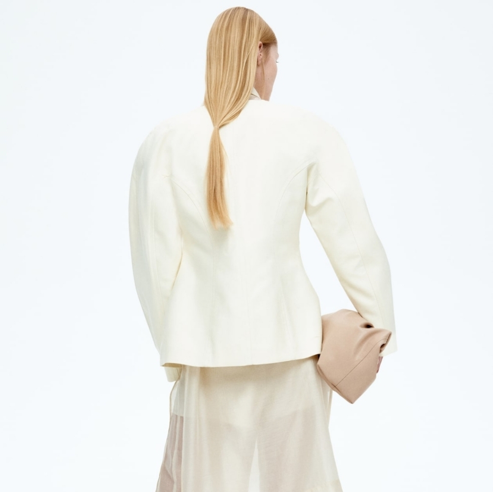 H&M Cream Women's Twill Collarless Blazer Jacket - Picture 3 of 4
